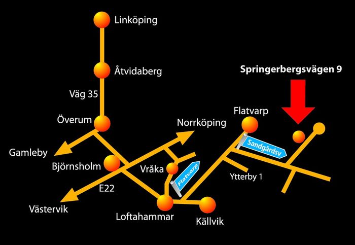 Vägbeskrivning från Loftahammar.
Åk genom Loftahammar förbi kyrkan.
Cirka 700 meter efter kyrkan sväng vänster mot Flatvarp.
Efter en dryg mil sväng höger in på Sandgärdsvägen (Ytterby).
Sväng första vägen till vänster, Springerbergsvägen 9.